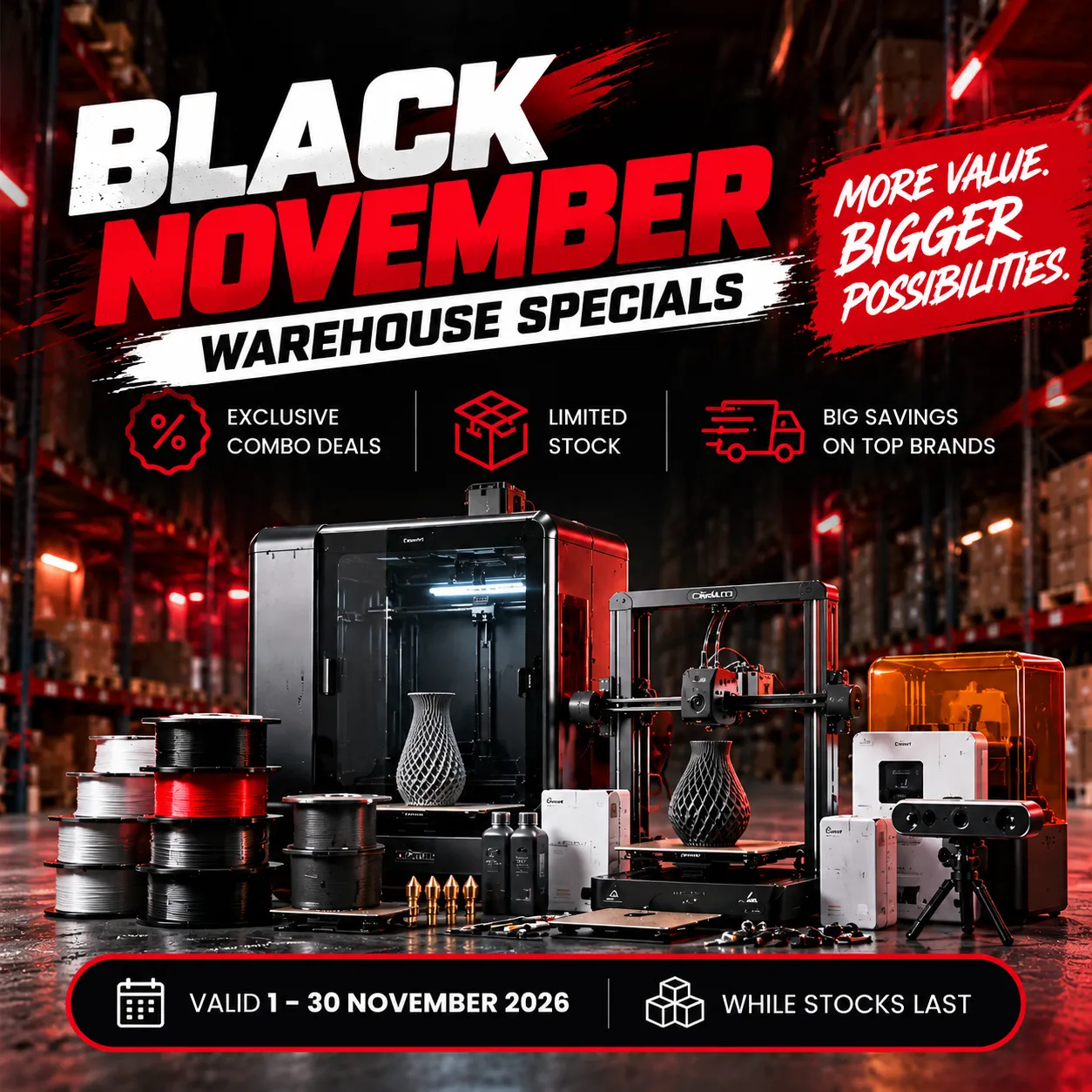 3D Unique Black November 3D printer warehouse specials and limited-stock combo deals